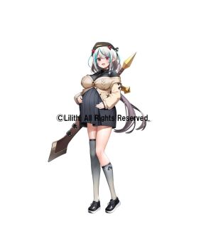 1girl beret black_dress black_shoes commentary_request copyright_notice dress fuu_fuu hands_on_own_stomach hat highres horns jewelry laura_(taimanin) long_hair looking_at_viewer necklace official_art open_mouth pleated_dress pointy_ears pregnant red_eyes second-party_source shoes simple_background socks solo standing sweater sword sword_on_back taimanin_(series) taimanin_rpgx weapon weapon_on_back white_background white_hair