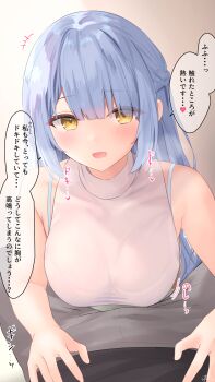 Rule 34 | +++, 1girl, armpit crease, bare shoulders, blue hair, blue hair-chan (ramchi), blush, bra strap, braid, breasts, commentary request, half up braid, heart, highres, large breasts, long hair, looking at viewer, original, parted lips, ramchi, see-through clothes, shirt, sidelocks, simple background, sleeveless, sleeveless shirt, sleeveless turtleneck, speech bubble, spoken heart, swept bangs, translation request, turtleneck, turtleneck shirt, white shirt, yellow eyes