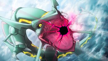 absurdres claws cloud cloudy_sky commentary dragon fangs flying gen_3_pokemon glowing glowing_eyes highres legendary_pokemon light_rays nintendo no_humans open_mouth pokemon pokemon_(creature) powering_up rayquaza sky sunbeam sunlight truitosart yellow_eyes