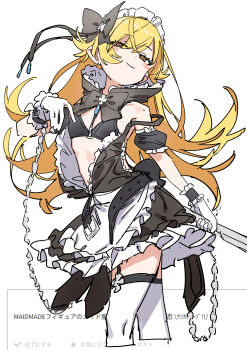 Rule 34 | 1girl, absurdres, apron, bikini, black bikini, blonde hair, cropped legs, flat chest, garter straps, haruyuki (gffewuoutgblubh), highres, long hair, maid, maid apron, maid headdress, monogatari (series), odaibako, oshino shinobu, simple background, smile, swimsuit, thighhighs, white background, white thighhighs, yellow eyes