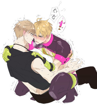 2boys ahoge anal anger_vein aqua_eyes arthur_pendragon_(fate) arthur_pendragon_alter_(fate) bare_shoulders black_pants black_tank_top blonde_hair blush boots bra brown_eyes brown_hair closed_mouth commentary_request drooling dual_persona fate/grand_order fate_(series) feet_out_of_frame from_behind gloves green_bra green_gloves hair_between_eyes hands_on_another's_shoulders hands_up high_heel_boots high_heels highres huffing looking_at_another male_focus multiple_boys one_eye_closed open_mouth pants pink_pupils purple_boots purple_pants purple_shirt pvc_parfait saliva selfcest sex shirt short_hair simple_background sitting speech_bubble spoken_anger_vein spoken_object sweat syringe tank_top teeth trembling underwear v-shaped_eyebrows white_background yaoi