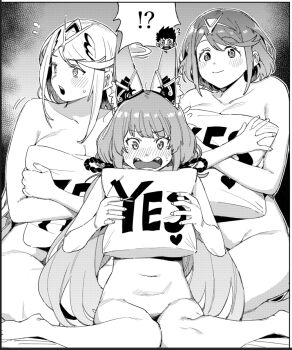 1boy 3girls animal_ears blush breasts cat_ears cleavage collarbone completely_nude greyscale hugging_object keoya_(keoya_01) large_breasts long_hair monochrome multiple_girls mythra_(xenoblade) navel nia_(xenoblade) nude open_mouth pillow pillow_hug pyra_(xenoblade) rex_(xenoblade) short_hair sitting smile stomach thighs wariza xenoblade_chronicles_(series) xenoblade_chronicles_2 yes-no_pillow