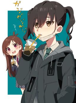Rule 34 | 2girls, aqua background, backpack, bag, black coat, black hair, blazer, brown eyes, coat, collared shirt, cup, drinking, drinking straw, green neckwear, holding, holding cup, hood, hood down, hooded coat, idolmaster, idolmaster cinderella girls, jacket, long sleeves, mask, mole, mole under eye, mouth mask, multiple girls, namataro, necktie, plaid clothes, plaid skirt, pleated skirt, red neckwear, school uniform, sharp teeth, shirt, simple background, skirt, striped neckwear, sunazuka akira, teeth, tsujino akari, twintails, white shirt, wing collar