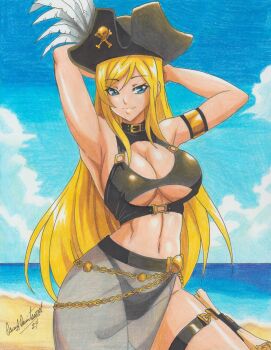 1girl armlet b._jenet beach bikini blonde_hair blue_eyes breasts cleavage cloud cloudy_sky fatal_fury garou:_mark_of_the_wolves hat jewelry large_breasts long_hair navel ocean official_alternate_costume pirate_hat sarong see-through_clothes see-through_sarong sky snk solo swimsuit the_king_of_fighters the_king_of_fighters_all-stars thigh_strap underboob water
