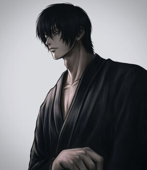 1boy adam's_apple black_eyes black_hair black_kimono closed_mouth collarbone eyes_visible_through_hair fushiguro_touji hair_between_eyes hair_over_eyes highres japanese_clothes jeongjyoni jujutsu_kaisen kimono male_focus nose short_hair simple_background solo upper_body white_background