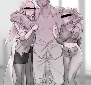 1boy 2girls bar_censor blush breasts censored censored_identity collared_shirt covered_erect_nipples dark-skinned_male dark_skin earrings employee_uniform facial_hair girl_sandwich goatee grabbing_another&#039;s_breast greyscale groping head_out_of_frame heart heart-shaped_pupils highres jewelry lab_coat large_breasts manly midriff monochrome multiple_girls mustache nintendo nipple_stimulation nipple_tweak oleana_(pokemon) open_clothes open_shirt pants pantyhose pimp pokemon pokemon_swsh rose_(pokemon) sandwiched sanuki_(kyoudashya) shirt side_ponytail skirt smile sonia_(pokemon) standing symbol-shaped_pupils unbuttoned unbuttoned_shirt