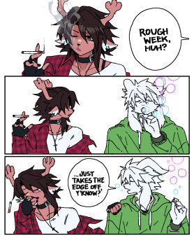 1boy 1girl animal_ears antlers asriel_dreemurr black_gloves black_hair blowing_bubbles cigarette december_holiday deer_antlers deer_ears deer_girl deltarune english_text fingerless_gloves gloves heartbreak_juan horns speech_bubble utdr_(toby_fox)