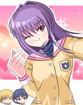 Rule 34 | 1girl, 2boys, ;), absurdres, black hair, blonde hair, blue eyes, blush, chibi, chibi inset, clannad, closed mouth, commentary, double v, eyes visible through hair, finger heart, floating hair, fujibayashi kyou, grin, hair intakes, hair ribbon, hand up, heart, highres, hikarizaka private high school uniform, jacket, long hair, long sleeves, looking at another, looking at viewer, multiple boys, okazaki tomoya, one eye closed, pink background, purple eyes, purple hair, ribbon, sailor collar, school uniform, selfie, serafuku, shake (pixiv 75845198), short hair, sidelocks, simple background, smile, smug, solo focus, sparkle, split mouth, sunohara youhei, tress ribbon, upper body, v, v-shaped eyebrows, white ribbon, white sailor collar, yellow jacket