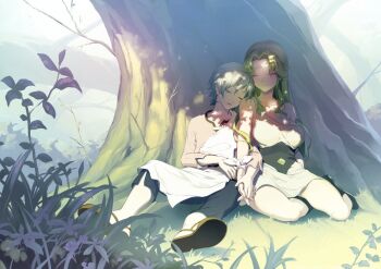 1boy 1girl bare_tree blue_hair breasts brother_and_sister closed_eyes closed_mouth day dress green_hair grendizer_u holding_hands long_hair mazinger_(series) naida_baron nature official_art outdoors pants shirt siblings sirius_baron sleeping tree ufo_robo_grendizer