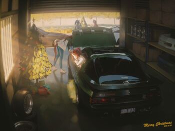 5girls absurdres animal_ears black_hair blue_pants brown_hair car christmas christmas_tree closed_mouth commentary crossed_arms dated_commentary denim garage gift green_jacket hair_between_eyes hair_ribbon highres horse_ears horse_girl horse_tail indoors jacket jeans katsuragi_ace_(umamusume) long_hair mazda mazda_rx-7 motor_vehicle mr._c.b._(umamusume) multicolored_hair multicolored_jacket multiple_girls nissan nissan_300zx nissan_fairlady_z open_car_hood pants pink_ribbon ponytail ribbon run_rotary shelf shirt shoes sirius_symboli_(umamusume) speed_symboli_(umamusume) streaked_hair sunlight sunroof symboli_rudolf_(christmas_emperor_tree)_(umamusume) symboli_rudolf_(umamusume) tail through_window tokai_teio_(umamusume) toyota toyota_celica two-tone_jacket umamusume unused_tire vehicle_focus white_hair white_jacket white_shoes