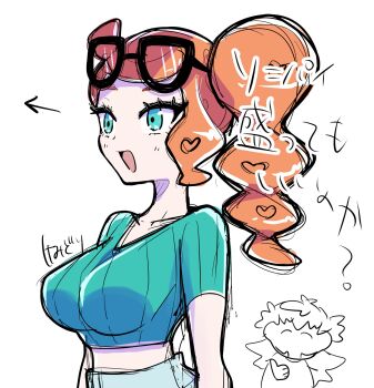 1girl aqua_eyes aqua_shirt black-framed_eyewear breasts chibi chibi_inset collarbone commentary_request denim eyewear_on_head hair_ornament heart heart_hair_ornament highres jeans kemidori_(keminnnnnn) large_breasts leon_(pokemon) medium_breasts midriff nintendo no_coat open_mouth orange_hair pants pokemon pokemon_swsh ribbed_shirt shirt short_sleeves side_ponytail side_ponytail_with_hair_base sketch smile solo_focus sonia_(pokemon) sunglasses swept_bangs thumbs_up translation_request upper_body v-neck wavy_hair