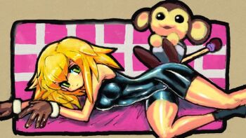 1girl anima blonde_hair blush breasts brown_gloves dakusuta gloves green_eyes leotard lying mega_man_(series) mega_man_legends_(series) monkey on_side roll_caskett_(mega_man) small_breasts spandex