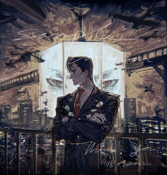 1boy aircraft airplane bags_under_eyes black_coat black_hair bridge coat collared_shirt commentary crossed_arms english_commentary eye_print helicopter highres looking_to_the_side male_focus medal necktie night original railing red_necktie revol4357 serious shirt short_hair skyline solo white_shirt