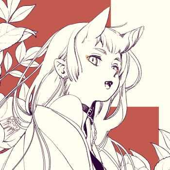 1girl :d belt_collar choker collar earrings flower jewelry long_hair monochrome open_mouth original red_theme ropioka smile solo