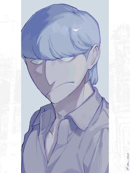 Rule 34 | 1boy, albert heinrich, big nose, closed mouth, cm ooa, cyborg, cyborg 009, grey background, grey hair, hair over face, highres, looking at viewer, male focus, open collar, serious, shaded face, shirt, short hair, soldier, upper body, white hair, white shirt