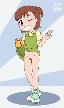 10s 1girl 2019 blue_background brown_eyes brown_hair clothes_lift digimon digimon_tamers dress dress_lift flat_chest full_body good_or_evil green_dress green_shoes hair_ribbon hand_puppet katou_juri loli looking_at_viewer no_panties one_eye_closed ponytail puppet pussy ribbon shirt shoes short_hair short_sleeves side_ponytail sleeveless sleeveless_dress standing sunburst sunburst_background tape_gag two-tone_background v white_background wink yellow_shirt