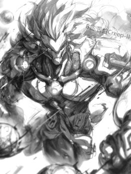 1boy banyue_(zenless_zone_zero) bilibili_username cowboy_shot greyscale highres kupa_(jesterwii) lion_hair long_hair male_focus monochrome muscular muscular_male robot solo tagme zenless_zone_zero