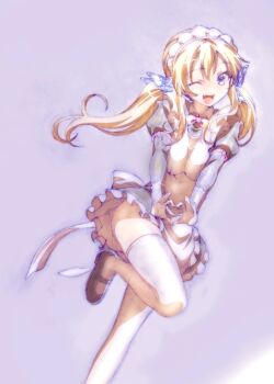 1girl apron aqua_eyes black_dress black_shoes blonde_hair blue_background boku_wa_tomodachi_ga_sukunai butterfly_hair_ornament dress fang frilled_dress frills gradient_background hair_ornament heart heart_hands kashiwazaki_sena long_hair long_sleeves looking_at_viewer maid maid_apron maid_headdress moe_moe_kyun! official_alternate_costume official_artist_extra one_eye_closed open_mouth production_art puffy_sleeves shoes smile solo standing thighhighs thighs twintails watanabe_yoshihiro white_apron white_thighhighs