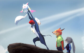 1girl 3boys artist_name bad_end crossover disney fox furry furry_female furry_male holding_hands if_they_mated judy_hopps kyubey mahou_shoujo_madoka_magica mahou_shoujo_madoka_magica_(anime) mandrill_(animal) monkey multiple_boys multiple_crossover nick_wilde parody rabbit rafiki smile the_lion_king wlop zootopia