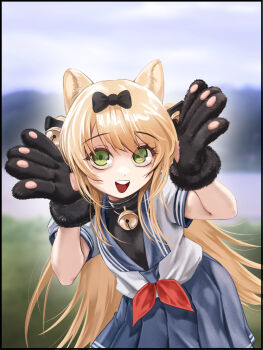 Rule 34 | 1girl, animal ears, animal hands, bell, black bow, blue sailor collar, blue skirt, blurry, blurry background, bow, cat ears, cat paws, chtv, commentary, english commentary, girls' frontline, gloves, green eyes, hair bell, hair bow, hair ornament, highres, jingle bell, long hair, looking at viewer, neck bell, neckerchief, official alternate costume, open mouth, paw gloves, pleated skirt, red neckerchief, sailor collar, school uniform, serafuku, shirt, skirt, solo, teeth, tmp (girls' frontline), tmp (meow prism power) (girls' frontline), upper teeth only, white shirt