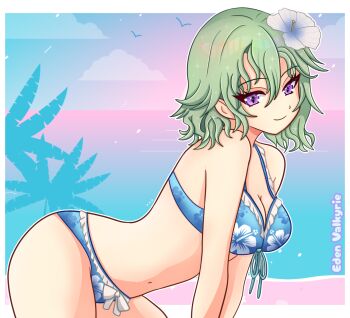1girl artist_name bending bikini bird blue_bikini breasts cleavage cloud coconut_tree commentary double-parted_bangs edenvalkyrieart eiyuu_densetsu english_commentary floral_print floral_print_bikini flower front-tie_bikini_bottom front-tie_bikini_top front-tie_top green_hair hair_between_eyes hair_flower hair_ornament large_breasts looking_at_viewer musse_egret navel ocean palm_tree print_bikini purple_eyes sen_no_kiseki sen_no_kiseki_(series) sen_no_kiseki_iv short_hair sky smile solo stomach swimsuit tree wavy_hair