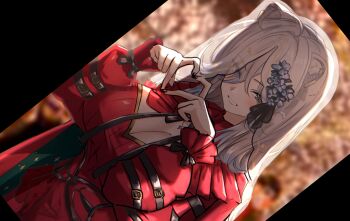 1girl :d ahoge animal_ear_fluff animal_ears backlighting black_nails black_ribbon blue_flower blurry blurry_background blush breasts buckle cleavage commentary_request depth_of_field dress dutch_angle eyes_visible_through_hair flower grey_eyes grey_hair grin hair_flower hair_ornament hair_over_one_eye hair_ribbon heart heart_hands highres hololive large_breasts lion_ears long_hair long_sleeves looking_at_viewer mixed-language_commentary nail_polish open_mouth parted_lips red_dress ribbon shishiro_botan smile solo upper_body virtual_youtuber zexalmike