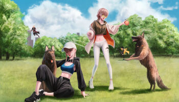 4girls alternate_costume ball baseball_cap black_jacket black_pants blonde_hair blue_eyes blue_sky blue_sports_bra breasts brown_hoodie casual cleavage cloud cloudy_sky commentary dindsau dog english_commentary full_body girls'_frontline hair_ornament hairclip hand_on_ground hat highres holding holding_ball hood hoodie jacket leggings long_hair long_sleeves m4_sopmod_ii_(girls'_frontline) medium_breasts multiple_girls navel on_ground open_clothes open_jacket pants park ro635_(girls'_frontline) scar-h_(girls'_frontline) scar-l_(girls'_frontline) shoes sidelocks sitting sky sneakers sports_bra sportswear standing sunglasses tree white_jacket white_leggings yoga_pants