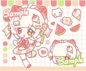 1girl :d ahoge ball_hands bikini blunt_bangs blush_stickers cat chibi chibi_only color_guide food fruit full_body green_eyes hand_up heart heterochromia highres ice_cream leg_up lifebuoy looking_at_viewer open_mouth original outline qin'aide red_bikini red_eyes red_shoes sample_watermark shoes short_hair smile socks solo spoken_heart standing standing_on_one_leg swim_ring swimsuit watermark watermelon watermelon_slice white_background white_hair white_outline white_socks