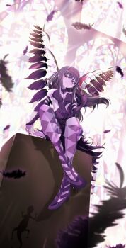 1girl akemi_homura akuma_homura argyle_clothes argyle_pantyhose black_dress black_feathers black_gloves black_hair bow breasts cleavage commentary dress elbow_gloves falling_feathers feathered_wings feathers gloves hair_bow hairband high-low_dress highres long_hair looking_at_viewer mahou_shoujo_madoka_magica mahou_shoujo_madoka_magica:_hangyaku_no_monogatari red_bow red_hairband sengoku_chidori sitting solo window wings