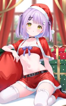 1girl absurdres belt black_belt black_choker blurry blurry_background blush boots bow bow_legwear bowtie box capelet choker christmas collarbone commentary_request crop_top full_body fur-trimmed_boots fur-trimmed_capelet fur-trimmed_headwear fur-trimmed_skirt fur_trim ghost_hair_ornament gift gift_box hair_ornament hat highres looking_at_viewer midriff miniskirt navel open_mouth parted_bangs pleated_skirt purple_bow purple_bowtie purple_hair red_boots red_capelet red_hat red_skirt ribbon sack santa_costume santa_hat shinomiya_runa short_hair sitting skirt solo thighhighs toketa-sekai two_side_up virtual_youtuber vspo! white_bow white_thighhighs x_hair_ornament yellow_eyes yellow_ribbon