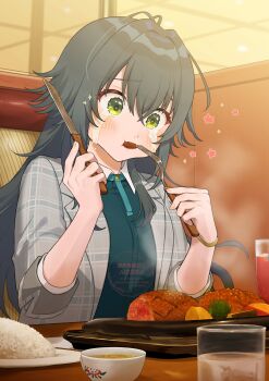Rule 34 | 1girl, absurdres, ayuppe, blush, bowl, coat, commentary request, crying, crying with eyes open, cup, drink, eating, foodgasm, fork, gakuen idolmaster, green eyes, green hair, green shirt, grey coat, hamburger steak, highres, holding, holding fork, holding knife, idolmaster, indoors, knife, restaurant, rice, shirt, snot, solo, sparkle, steam, teardrop, tears, tsukimura temari, water, wavy eyes