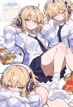 2girls absurdres bad_link bag_of_chips blonde_hair blue_necktie blue_skirt blush chips_(food) collared_shirt ebora face_in_pillow fate/grand_order fate_(series) food headphones highres jeanne_d&#039;arc_(fate) long_hair looking_at_viewer melusine_(fate) metatron_jeanne_(fate) metatron_jeanne_(second_ascension)_(fate) multiple_girls multiple_views necktie panties pillow potato_chips shirt skirt socks underwear white_background white_panties white_shirt white_socks yawning yellow_eyes