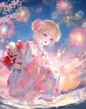 1girl anklet barefoot blonde_hair blue_eyes bow bracelet cherry_blossoms fireworks floral_print flower full_body hair_bun hair_flower hair_ornament hairclip highres holding japanese_clothes jewelry kimono large_variant_set looking_at_viewer makeup night obi original outdoors pink_flower pink_kimono sash short_hair sky smile solo sparkler squatting variant_set water wide_sleeves xixizi yukata