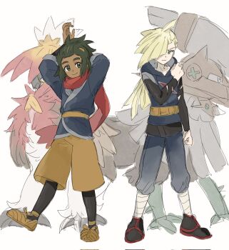 2boys ahoge alternate_costume alternate_hair_length alternate_hairstyle arm_behind_head arms_up bangs_pinned_back belt black_pantyhose black_sleeves blonde_hair blue_shirt brown_belt brown_footwear brown_shorts chimera dark-skinned_male dark_skin fua1heyvot4ifsr galaxy_expedition_team_survey_corps_uniform gen_7_pokemon gladion_(pokemon) green_eyes green_hair hair_over_one_eye hand_on_own_shoulder hand_up hau_(pokemon) highres hisuian_decidueye hood hooded_vest hoodie japanese_clothes leg_wrap legendary_pokemon long_hair looking_at_viewer male_focus multiple_boys nintendo pantyhose pokemon pokemon_(creature) pokemon_legends:_arceus pokemon_sm ponytail red_scarf scarf shirt short_hair short_ponytail shorts sidelocks sketch smile topknot torn_clothes torn_hoodie torn_sleeves type:_null vest