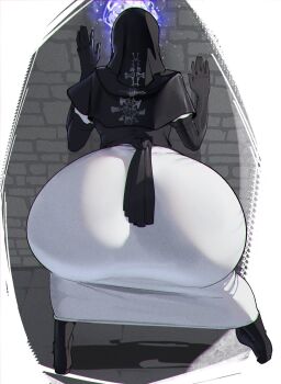 1girl against_wall ass ass_focus bent_over black_boots black_gloves black_hood boots brick_wall commentary dress elbow_gloves elden_ring elden_ring_nightreign facing_away from_behind gloves highres huge_ass jamesloves_art long_dress nun solo symbol-only_commentary thick_thighs thighs undertaker_(elden_ring) white_dress wide_hips