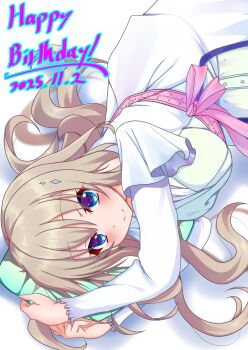 1girl 2025 9-nine- arms_up axl11hikari blue_eyes blush bow breasts brown_hair casual closed_mouth commentary_request cowboy_shot dated diamond_hair_ornament dress dress_bow dutch_angle eyes_visible_through_hair hair_between_eyes hair_spread_out happy happy_birthday head_on_pillow highres hugging_object kujou_miyako large_breasts long_hair long_sleeves looking_at_viewer lying on_side pillow pillow_hug pink_bow shadow simple_background smile solo upside-down very_long_hair white_background white_dress