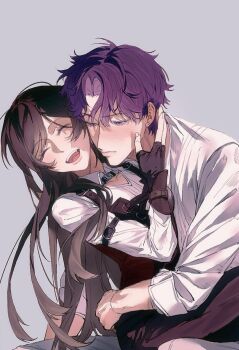 1boy 1girl arm_around_waist black_gloves black_pants blush brown_hair closed_eyes closed_mouth collared_shirt commentary_request corset couple fingerless_gloves gloves grey_background gymnopedies2 hair_between_eyes half-closed_eyes hand_on_another's_cheek hand_on_another's_face hetero highres laughing love_and_deepspace open_mouth pants parted_bangs pink_eyes protagonist_(love_and_deepspace) purple_hair rafayel_(love_and_deepspace) red_corset shirt sleeves_rolled_up smile upper_body white_shirt