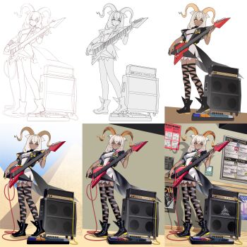 1girl absurdres amplifier animal_ears arknights beeswax_(arknights) black_boots black_collar black_jacket black_ribbon blonde_hair boots breasts bright_pupils bulletin_board chinese_commentary collar commentary_request dark-skinned_female dark_skin dress effects_pedal electric_guitar full_body goat_ears goat_girl goat_horns gold_horns guitar hair_between_eyes highres holding holding_guitar holding_instrument holding_plectrum horns indoors infection_monitor_(arknights) instrument jacket leg_ribbon long_hair looking_at_viewer making-of open_clothes open_jacket pedal_board plectrum poster_(object) ribbon small_breasts solo torn_clothes torn_dress white_dress white_pupils wooden_floor yellow_eyes zhengqi_zhizi_sg