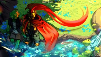 2boys armor averythemayo black_shirt breastplate cape cargo_shorts d3rlord3 from_above galea_helmet lens_flare male_focus mayben0tkyu monster_boy multiple_boys outdoors red_cape river scenery searching_for_a_world_that_doesn't_exist shirt shorts slime_boy undershirt user_interface wading white_shirt