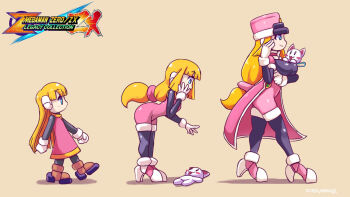 1girl alouette_(mega_man) android blonde_hair blue_eyes blunt_bangs blush bodysuit breasts cat child dress evolution evolutionary_line from_side full_body gloves hat helmet holding inchduhernz large_breasts leaning_forward logo long_hair medium_breasts mega_man_(series) mega_man_zero_(series) mega_man_zx multiple_views pantyhose ponytail prairie_(mega_man) robot_ears shako_cap simple_background stuffed_animal stuffed_toy walking white_gloves