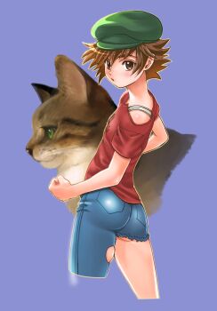 Rule 34 | 1girl, animal, asymmetrical clothes, blue background, blush, breasts, brown eyes, brown hair, cat, commentary request, denim, flipped hair, from side, green hat, hat, highres, jeans, looking at viewer, matsuena shun, nanjou kisara, official art, pants, red shirt, shijou saikyou no deshi ken'ichi, shirt, short hair, short sleeves, simple background, single pantsleg, small breasts, solo, thighs, torn clothes, torn jeans, torn pants, v-shaped eyebrows
