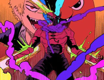 1boy black_horns chainsaw chainsaw_devil chainsaw_man colored_tongue commentary denji_(chainsaw_man) english_commentary fusion handle horns intestine_clothing intestines looking_at_viewer multiple_boys open_mouth orange_eyes parody pochita_(chainsaw_man) pull_cord purple_tongue scarf sharp_teeth style_parody teeth tengen_toppa_gurren_lagann wanderjegson