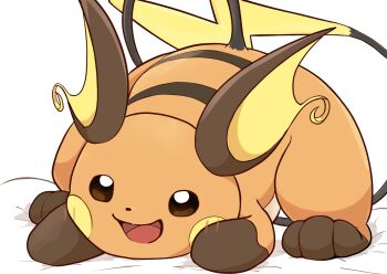 all_fours brown_eyes gen_1_pokemon highres looking_at_viewer nintendo no_humans open_mouth pokemon pokemon_(creature) pokemon_focus raaaichupudding raichu simple_background smile solo tail