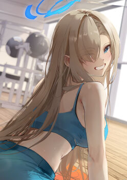 1girl absurdres asuna_(blue_archive) blue_archive blue_eyes blue_halo blush breasts commentary_request exercise_machine fitness_gym from_behind grin hair_over_one_eye halo highres indoors large_breasts long_hair looking_at_viewer looking_back pants smile solo sports_bra tsutsumikisaki very_long_hair weights workout_clothes yoga_pants