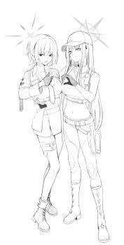 2girls baseball_cap belt blue_archive boots braid chest_harness closed_mouth collared_shirt commentary commentary_request crop_top dress_over_shirt english_commentary full_body gloves greyscale half_gloves halo hand_on_another's_waist harness hat heart_hands_failure highres holster inui_kentarou jacket knife long_hair monochrome multiple_girls navel necktie pants parted_lips saori_(blue_archive) shirt short_braid short_hair sideways_glance simple_background single_braid sketch smile standing subaru_(blue_archive) thigh_holster thumbs_up white_background
