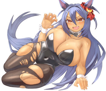 1girl absurdres animal_ears bare_shoulders black_bow black_bowtie black_hair black_leotard black_pantyhose blue_hair blush bow bowtie breasts cleavage covered_navel dark-skinned_female dark_skin detached_collar ear_ornament fang hair_between_eyes hair_ornament hairclip highres hishi_amazon_(umamusume) horse_ears horse_girl horse_tail huge_breasts iko_(saikoro_k0702) leotard long_hair looking_at_viewer open_mouth pantyhose playboy_bunny red_eyes simple_background smile solo strapless strapless_leotard tail torn_clothes torn_pantyhose umamusume very_long_hair white_background white_wrist_cuffs wrist_cuffs
