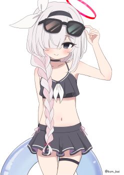 1girl absurdres adjusting_eyewear arm_behind_back arm_up artist_name bare_arms bare_shoulders bikini bikini_skirt black_bikini black_choker black_eyes black_hairband black_skirt blue_archive blush bow braid choker closed_mouth eyewear_on_head hair_bow hair_over_one_eye hair_over_shoulder hairband halo hand_on_eyewear highres innertube kashima_(ksm_kai) long_bangs long_braid long_hair looking_at_viewer midriff miniskirt navel neckerchief official_alternate_costume official_alternate_hairstyle one_eye_covered pink_ribbon plana_(blue_archive) pleated_skirt red_halo red_pupils ribbon ribbon-trimmed_skirt ribbon_trim ring_hair_ornament ruffle_bikini simple_background single_braid skirt smile solo split_mouth standing straight-on sunglasses swim_ring swimsuit thigh_gap thigh_strap traditional_halo twitter_username very_long_hair white_background white_bow white_hair white_neckerchief