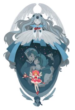 Rule 34 | 2boys, 2girls, ann marcellino, bow, bowtie, brown hair, cardcaptor sakura, chinese clothes, closed eyes, commentary, couple, dress, english commentary, full body, gloves, head wings, highres, holding, holding hands, holding staff, hope (sakura card), hoshi no tsue, kero (cardcaptor sakura), kinomoto sakura, kinomoto sakura (magician), li syaoran, long hair, looking at another, magical girl, multiple boys, multiple girls, night, personification, pink dress, puffy short sleeves, puffy sleeves, red bow, red bowtie, red shoes, shoes, short hair, short sleeves, sky, staff, star (sky), starry sky, thighhighs, white gloves, white thighhighs, white wings, wings, yue (cardcaptor sakura)