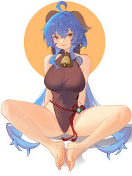 Rule 34 | 1girl, ahoge, barefoot, bell, black leotard, blue hair, breasts, commentary, covered navel, cowbell, distr, english commentary, ganyu (genshin impact), genshin impact, goat horns, hair between eyes, highleg, highleg leotard, highres, horns, large breasts, leotard, long hair, looking at viewer, neck bell, open mouth, purple eyes, sitting, soles, solo, vision (genshin impact), wavy hair, white background