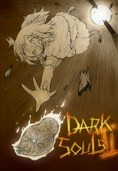 1girl arinu bearer_of_the_curse brown_theme commentary_request copyright_name dark_souls_(series) dark_souls_ii falling full_body highres hole humanity_(dark_souls) long_hair monochrome open_mouth robe solo tearing_up